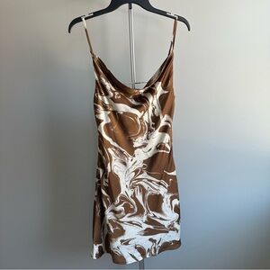 Pretty Garbage Brown Marble Cowl Neck Satin Slip Dress | Size M